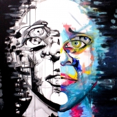 2 twarze, 100x100 cm, akryl na płótnie, 2015 r. NIEDOSTĘPNY